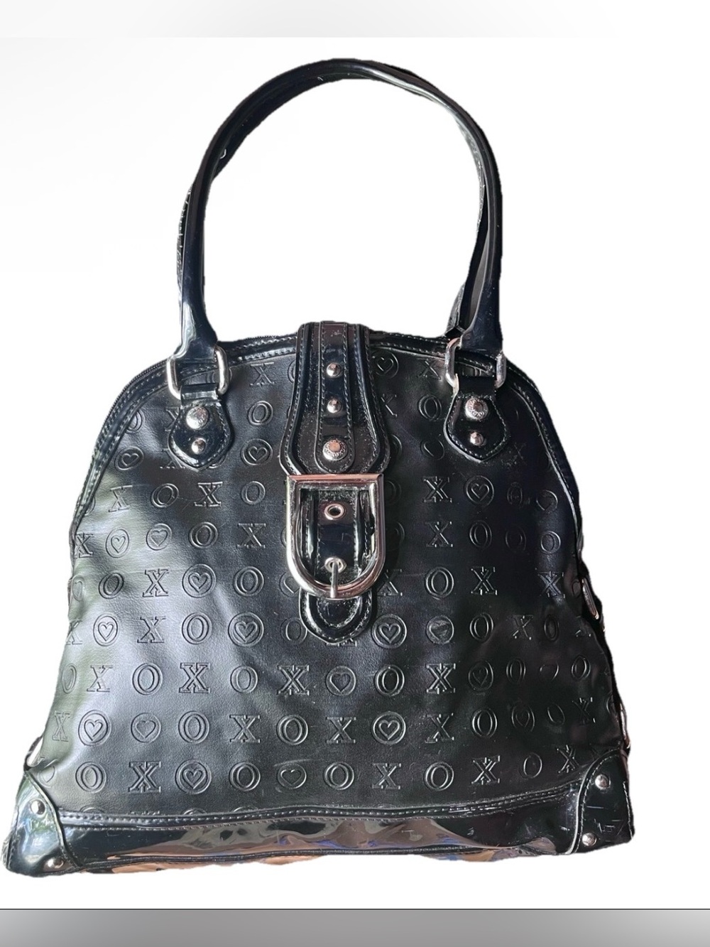 XOXO Y2K Black Patent Faux Leather Shoulder Bag Studded Buckle Dome Satchel